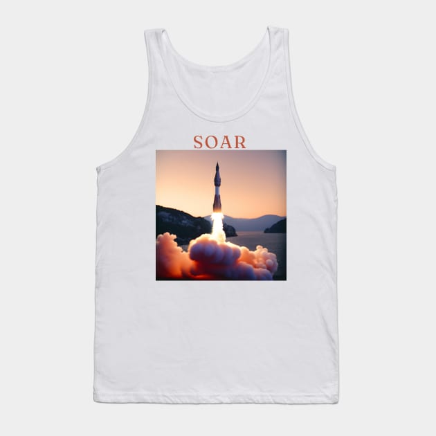 "Solar Soar - Majestic Rocket Launch Tee, Sunset Horizon Design, Vibrant Red, Orange, and White T-shirt, Inspirational 'Soar' Motif, Aesthetic Space Exploration Shirt" Tank Top by OpticalShirts